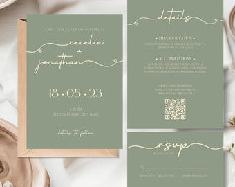 Sage Green Calligraphy Wedding Invitation Suite: Editable Template (Digital Download)