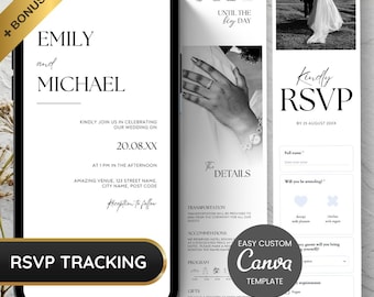 Invitación digital moderna y elegante para confirmar asistencia a bodas, invitación minimalista, sitio web de confirmación de asistencia en blanco y negro, descarga instantánea