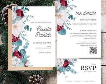 Paquete de plantillas de invitación de boda de invierno Evergreen, paquete de invitaciones de boda navideñas, RSVP editable, paquete de detalles, descarga digital