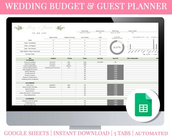 Wedding Budget Planner Google Sheets, Wedding Budget Tracker Template, Guest List Tracker, Wedding Spreadsheet, Organizer, Editable, Green
