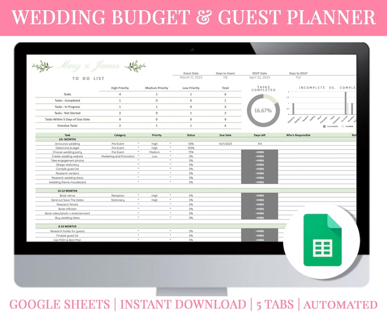 Wedding Budget Planner, Wedding Budget Tracker Template, Guest List Tracker, Excel, Wedding Spreadsheet, Organizer, Editable, Green image 1