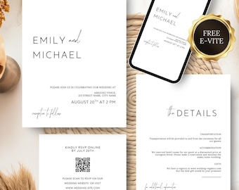 Minimalist Wedding Invitation Template Set, QR Code RSVP (Digital Download)