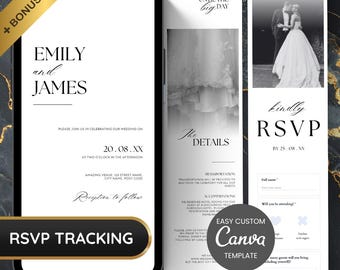 Sitio web de confirmación de asistencia para bodas en blanco y negro, invitación digital minimalista para confirmación de asistencia, invitación de boda moderna y elegante, descarga instantánea