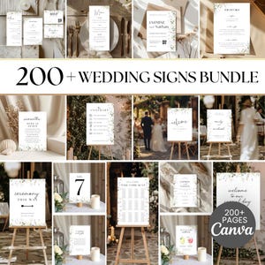 Könnte beinhalten: Eine Sammlung von Hochzeitsschildern mit floralen Designs, darunter Menüs, Sitzpläne und Willkommensschilder. Die Schilder zeigen Texte wie "200+ WEDDING SIGNS BUNDLE", "Jasmine and Nathan" und "Welcome to our special day".