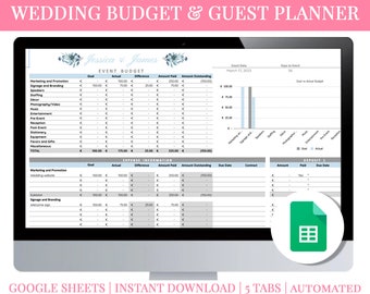 Wedding Budget Planner, Wedding Budget Tracker Template, Guest List Tracker, Excel, Wedding Spreadsheet, Organizer, Editable, Blue