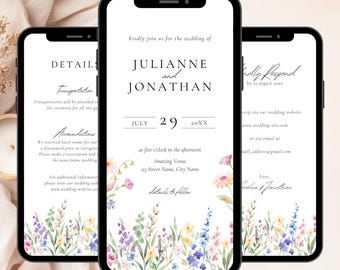 Digitale Wildblumen-Hochzeitseinladung und Antwortkarten, Details, Blumenhochzeitseinladung, Frühlingshochzeit Evite, Digitale Hochzeitseinladungs-Vorlage