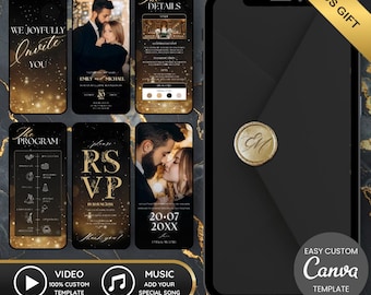 Black Gold Wedding Animated Invite, Animated Wedding Video Invite, RSVP Details Card, Luxury Aesthetic Black Gold Invite, Instant Download