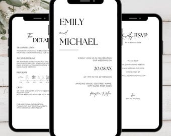 Invitación de boda digital moderna y elegante, conjunto de invitaciones de boda minimalistas, invitación electrónica de boda sencilla, descarga instantánea