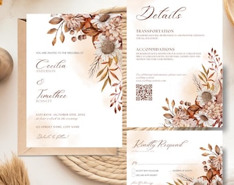 Autumn Wedding Invitation Suite, Brown Minimalist Fall Wedding Invitation, Editable Invitation Template Printable, Printable Wedding Invite