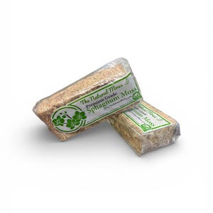 May include: Two rectangular packages of premium grade sphagnum moss. The packages are wrapped in clear plastic. The labels read "The Natural Moss" with a green and white design. The moss is a light brown color.