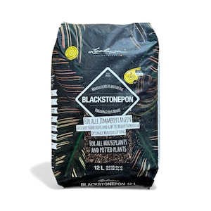 May include: Black bag of Blackstonepon mineral substrate for houseplants and potted plants. The bag has a black background with green leaf patterns. Text on the bag includes "FOR ALL HOUSEPLANTS AND POTTED PLANTS" and "12 L".