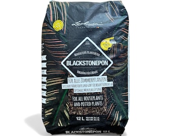 May include: Black bag of Blackstonepon mineral substrate for houseplants and potted plants. The bag has a black background with green leaf patterns. Text on the bag includes "FOR ALL HOUSEPLANTS AND POTTED PLANTS" and "12 L".