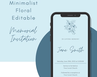 Minimal Floral Funeral Invitation - EDITABLE - Digital Funeral Invite | Phone Memorial Announcement | Funeral Evite