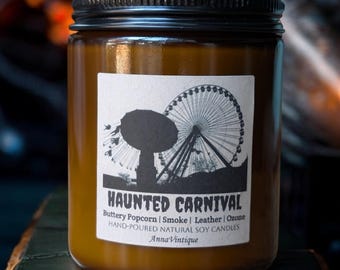 Vela de soja con aroma a carnaval embrujado, vela de otoño, vela de Halloween, vela espeluznante, 100 % cera de soja, fragancia pura, vertida a mano, 227 g (8 oz).