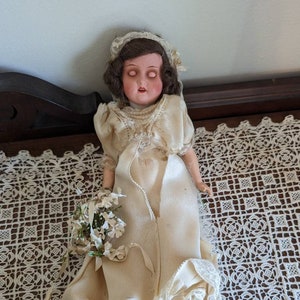 Antique German bridal doll with lace dress image 1