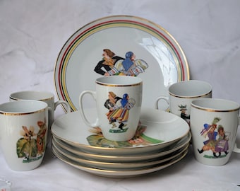 Vintage polaco danza folclórica porcelana cristalería conjunto Oberek Goralski Krakowiak Kolomyjka