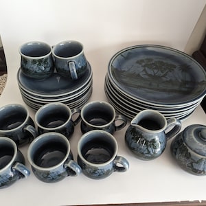 Siam Celadon Handmade Pottery Large Dinnerware Set Service for 8 27 piece set Lovely Thai Scene