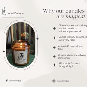 May include: A lit candle in an amber glass jar with a white label reading Garden Rain. The text Why our candles are magical is displayed alongside bullet points listing features including different scents, vintage labels, and 40 hours of burn time.