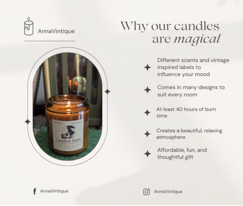 May include: A lit candle in an amber glass jar with a white label reading Garden Rain. The text Why our candles are magical is displayed alongside bullet points listing features including different scents, vintage labels, and 40 hours of burn time.