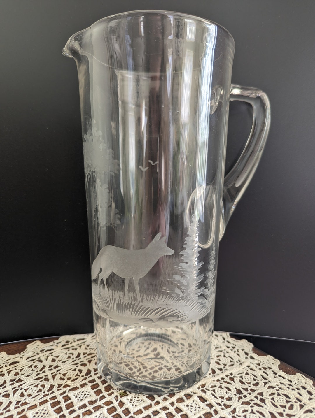 Rowland Ward Antique Glass Etched Pitcher Fox Hunting Woodland Etsy