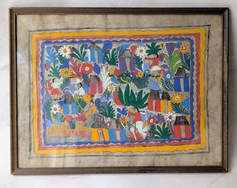 Pintura de arte popular mexicano vintage firmada por Luisa Miguel