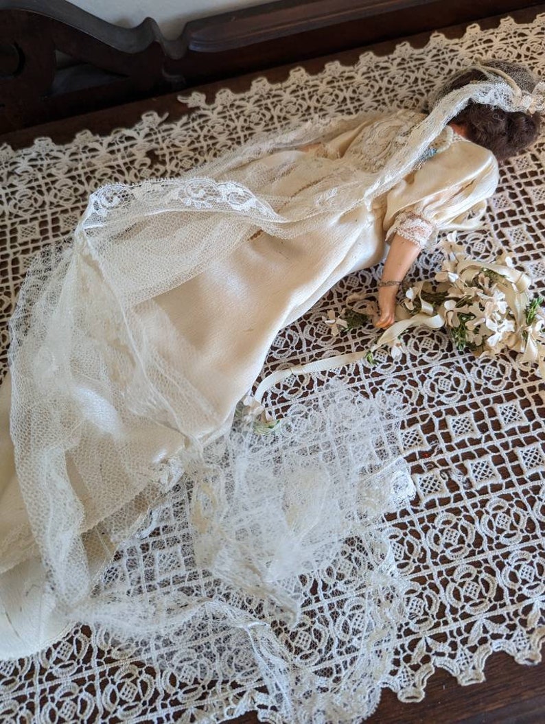 Antique German bridal doll with lace dress image 5