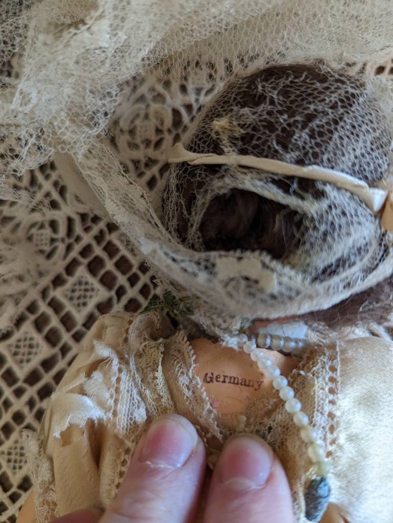 Antique German bridal doll with lace dress image 4