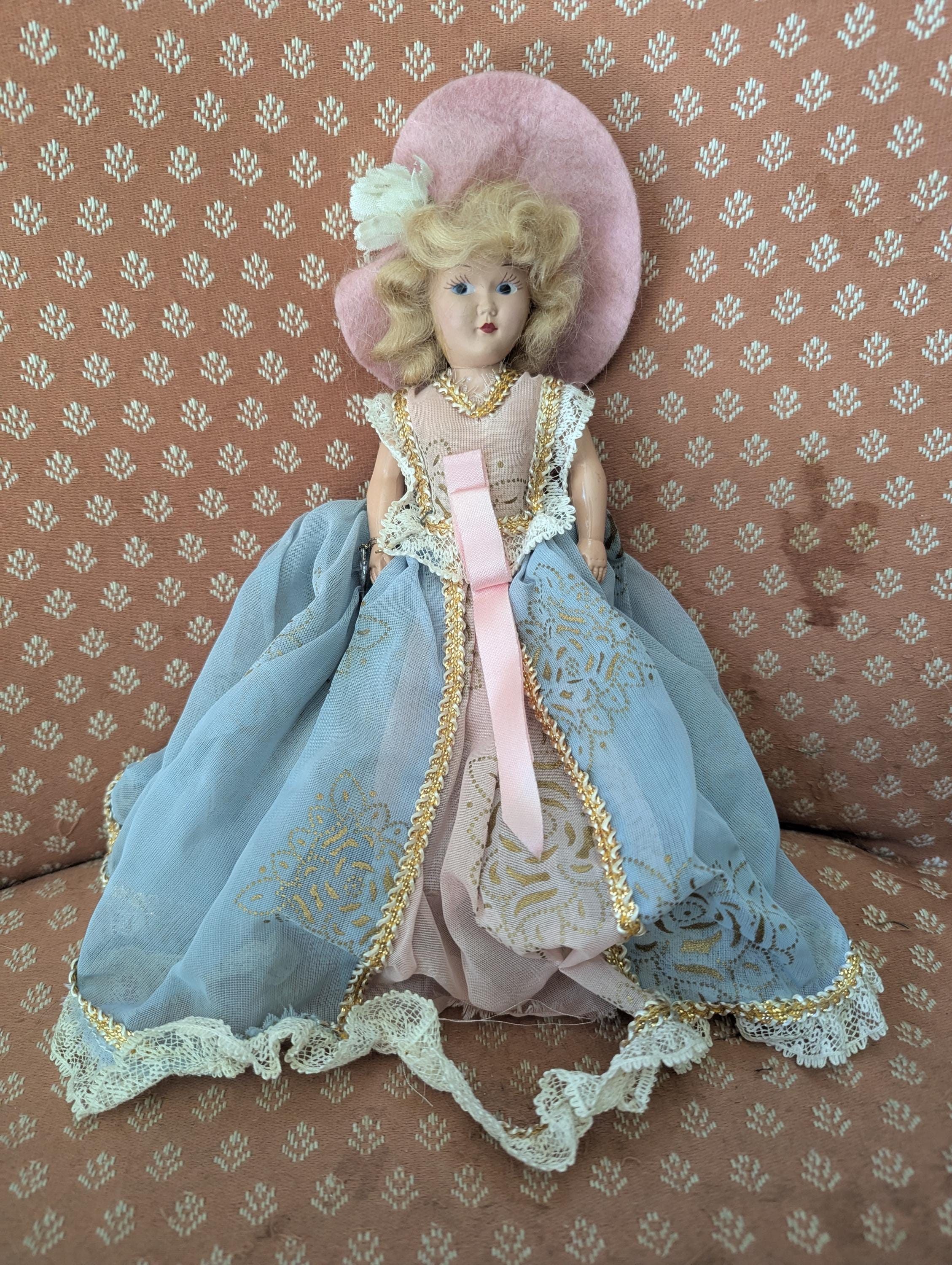 Lovely Vintage 1950s Doll with Blue Dress and Bonnet