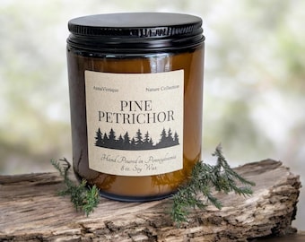 Vela natural de cera de soja vertida a mano, aroma a excursión en día lluvioso, aroma a petricor de pino, totalmente natural, cera de soja vertida a mano.
