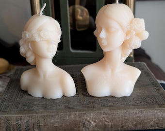 Flora Hand Poured Organic Soy Wax Woman Bust Statue Candle, Customizable Scent