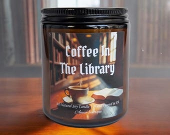Coffee In The Library Hand Poured All Natural Soy Wax Candle, Teakwood, Caramel, Book Lover Gift, Cozy Candle, Bibliophile Gift