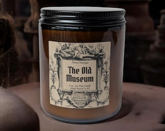 The Old Museum Scented Soy Candle, Teak & Leather, Amber, Jasmine, Dark Musk, Vintage Books, Antiques, Curator Gift, Museum Fan Gift