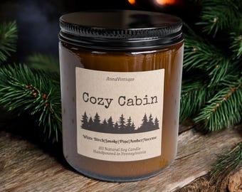Candela di soia completamente naturale Cozy Cabin, betulla bianca, fumo e incenso, 8 oz