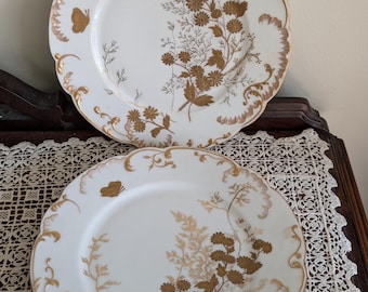 Peut inclure: Deux assiettes en porcelaine blanche avec des motifs floraux et papillons dorés. Les assiettes ont des bords festonnés et une bordure dorée. Le motif floral comprend des fleurs et des feuilles détaillées.