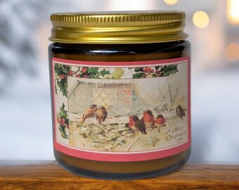 Woodland Snow Soy Wax Candle, Vintage Robin Image, Winter Gift