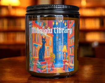 Vela de soja perfumada Midnight Library, teca y cuero, ámbar negro, libros antiguos