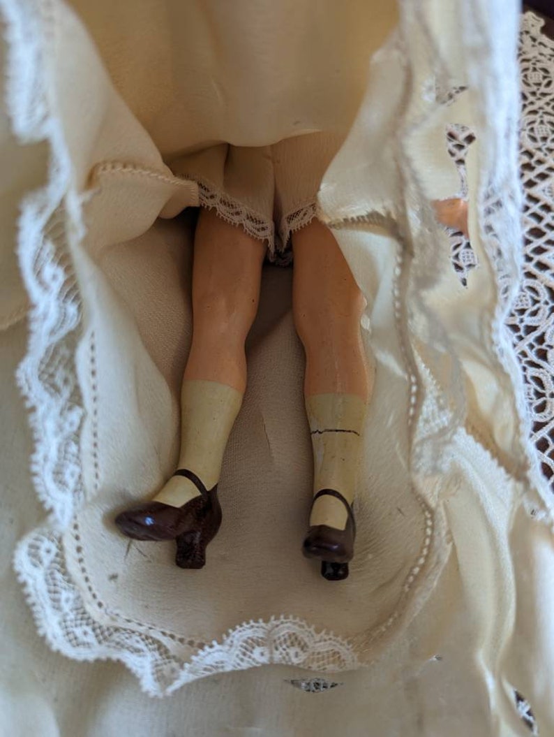 Antique German bridal doll with lace dress image 8
