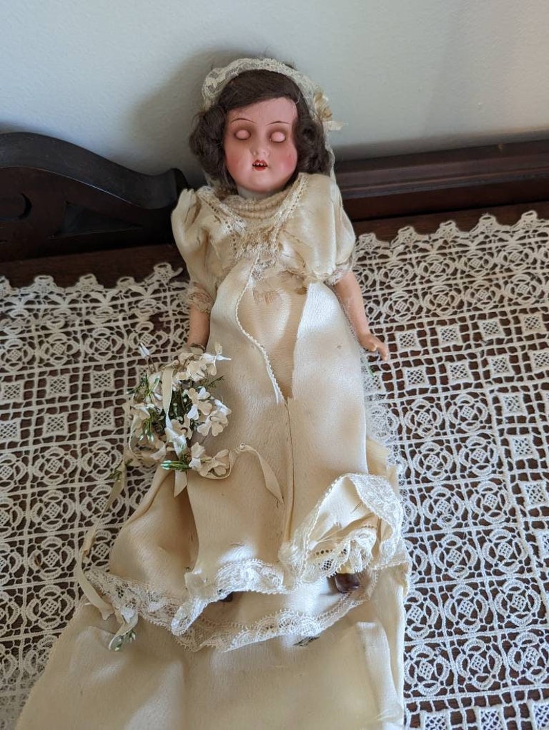 Antique German bridal doll with lace dress image 1