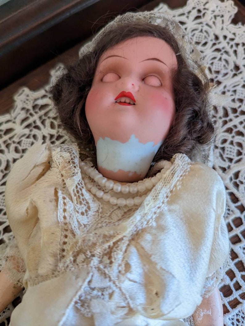 Antique German bridal doll with lace dress image 2