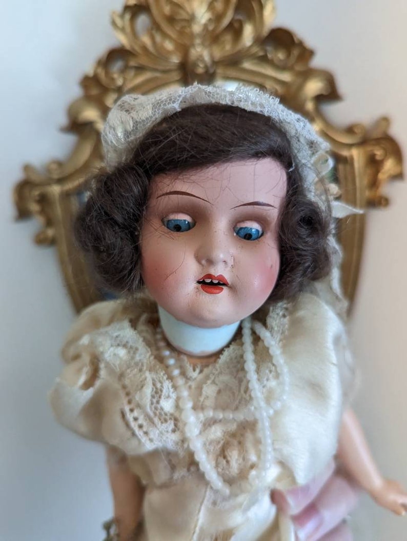 Antique German bridal doll with lace dress image 10