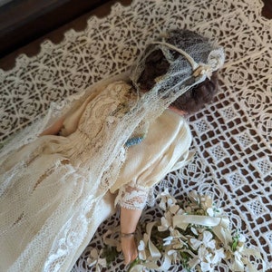 Antique German bridal doll with lace dress image 6