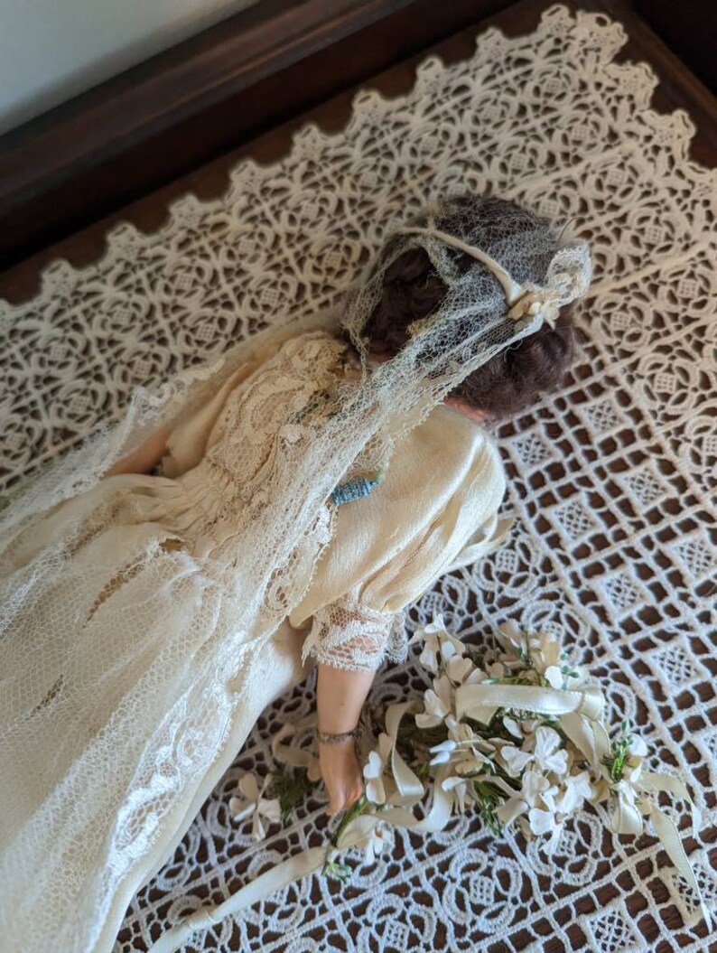 Antique German bridal doll with lace dress image 6