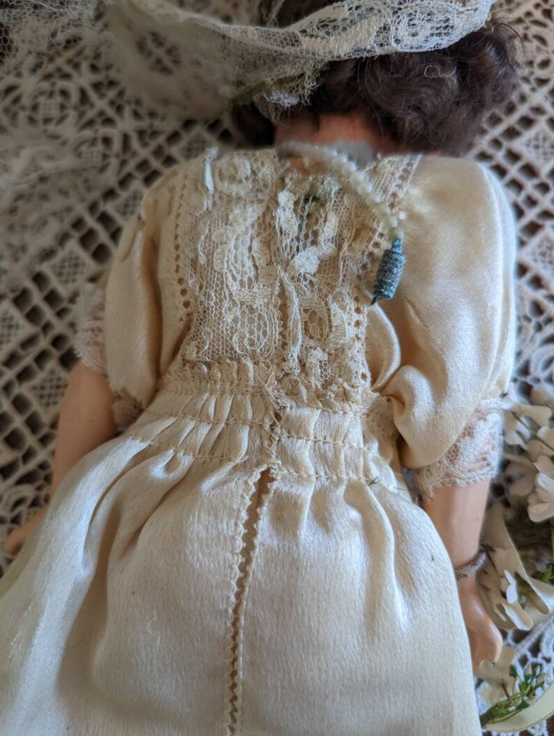 Antique German bridal doll with lace dress image 9