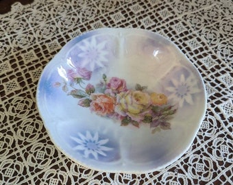 ヴィンテージ コバルトブルー 磁器皿：ドイツ風花模様の金彩トリム