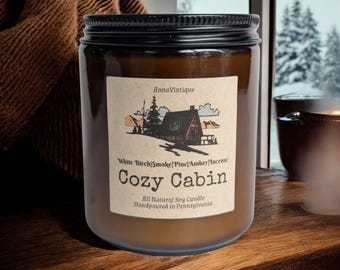 Candela di soia Cozy Cabin completamente naturale versata a mano, betulla bianca, fumo e incenso, 8 oz,