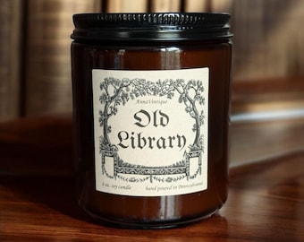 Vela de cera de soja con aroma a biblioteca antigua, teca y cuero, regalo de libros antiguos, regalo para amantes de los libros, regalo para lectores, regalo para él, para ella, vela vintage