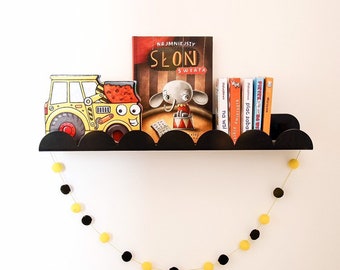 Black scalloped metal shelf  "Upside Down" for books, toys, decor, perfect for nursery room, kids room scallop