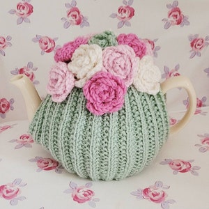 Vintage Retro Handmade Knitted Tea Cosy With Crochet Flowers