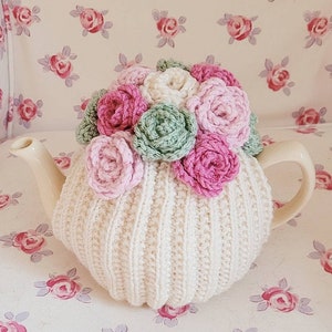 Vintage Retro Handmade Knitted Tea Cosy With Crochet Flowers