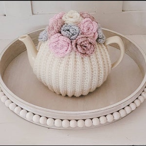 Vintage Retro Handmade Knitted Tea Cosy With Crochet Flowers